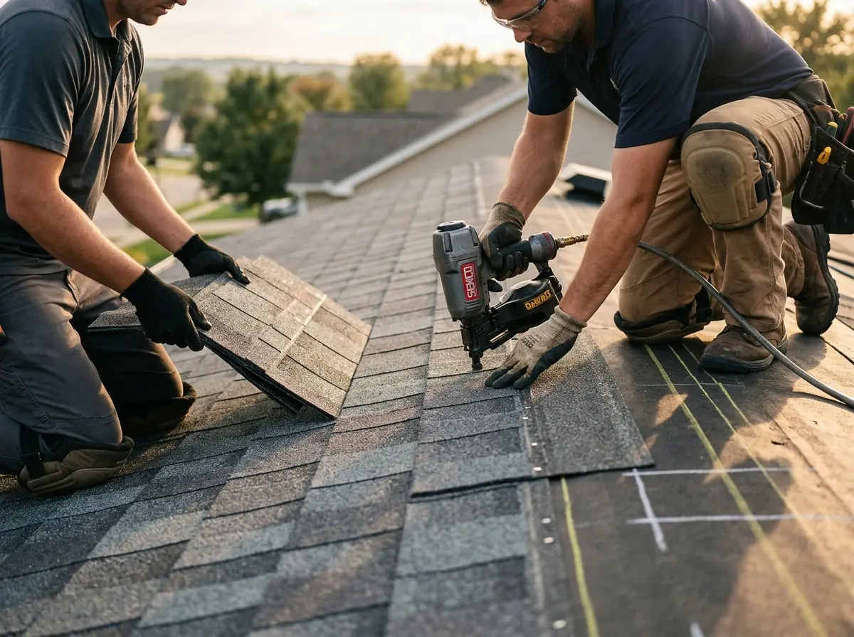Professional roofer working on a residential roof in Inver Grove Heights